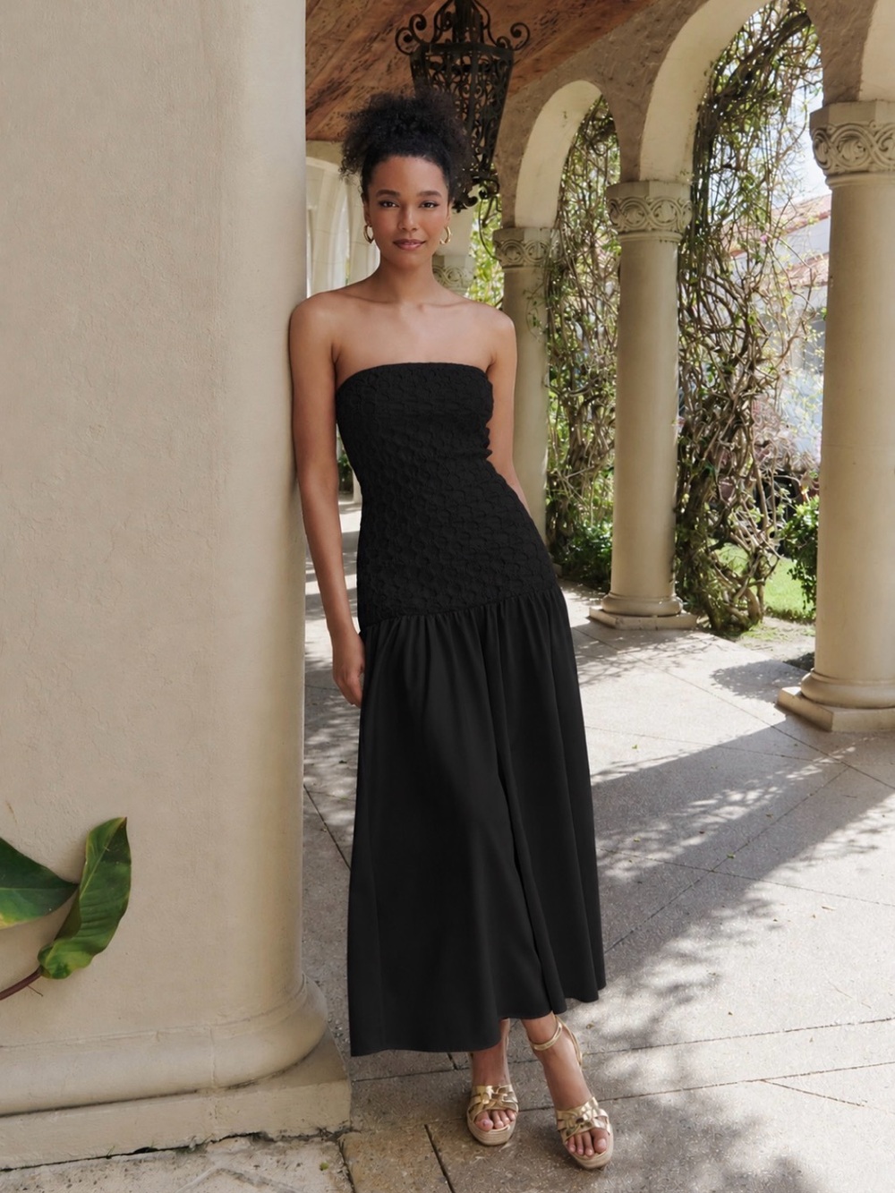 Arianne Elmy Free People Mellow Black Strapless Smocked Parlour Dress Medium